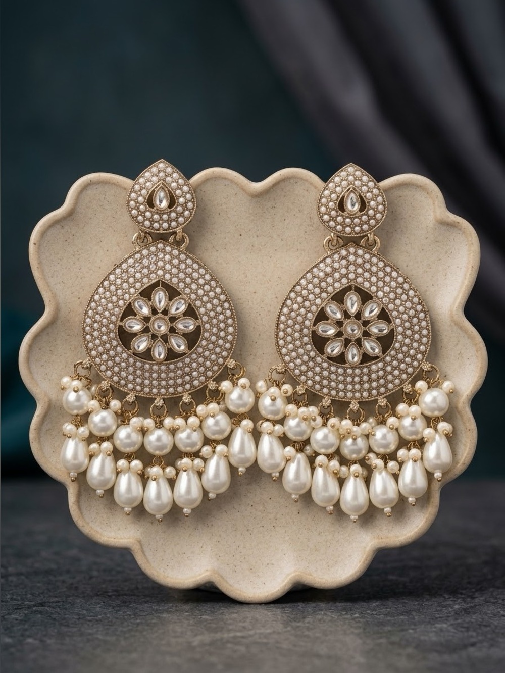 Gold-Tone Kundan Chandbali Earrings | Traditional Indian Pearl Drop Jewelry